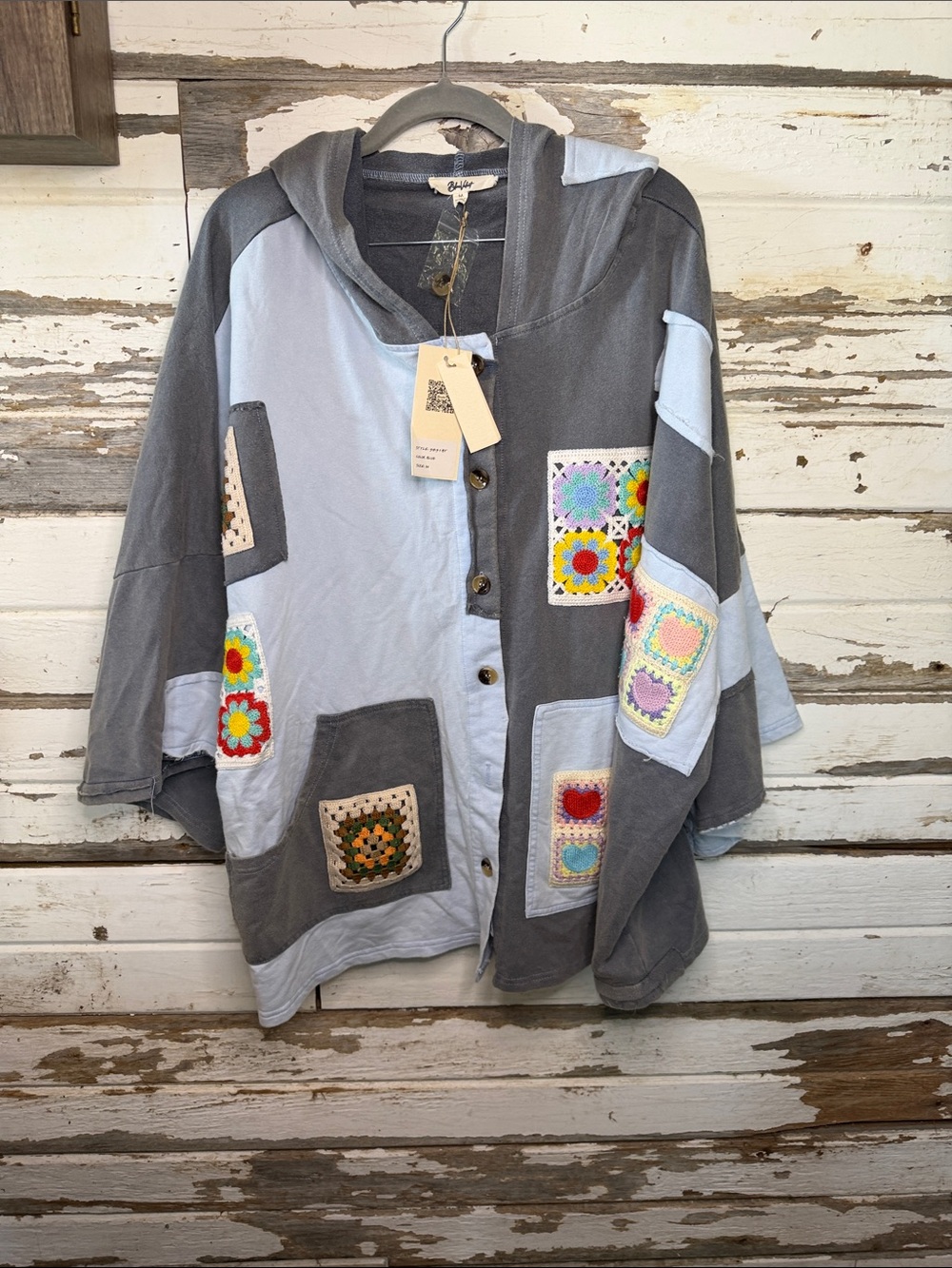 Patchwork Hooded Cape Jacket in Gray & Light Blue